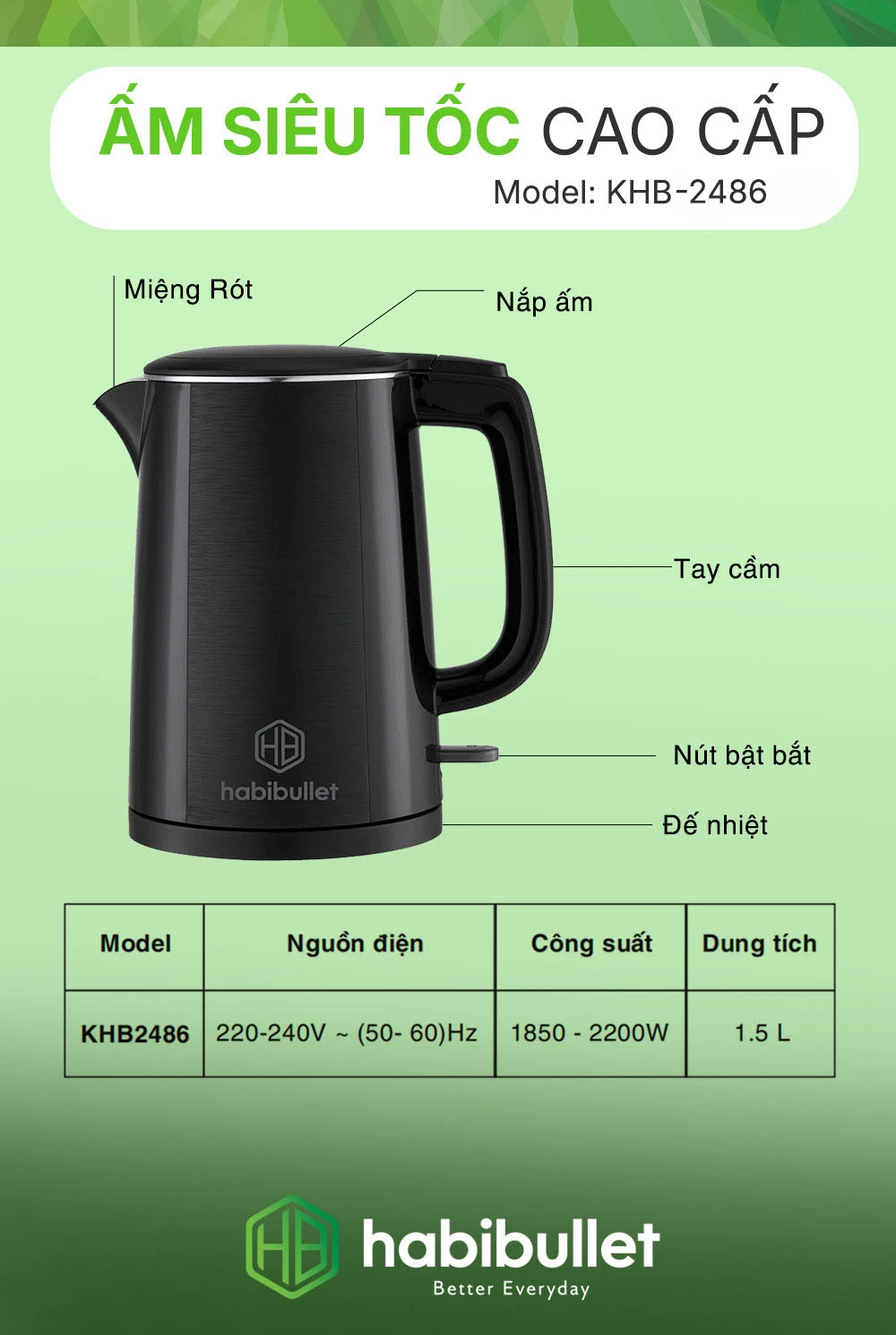 Ấm đun siêu tốc cao cấp Habibullet KHB2486 BH245130 1